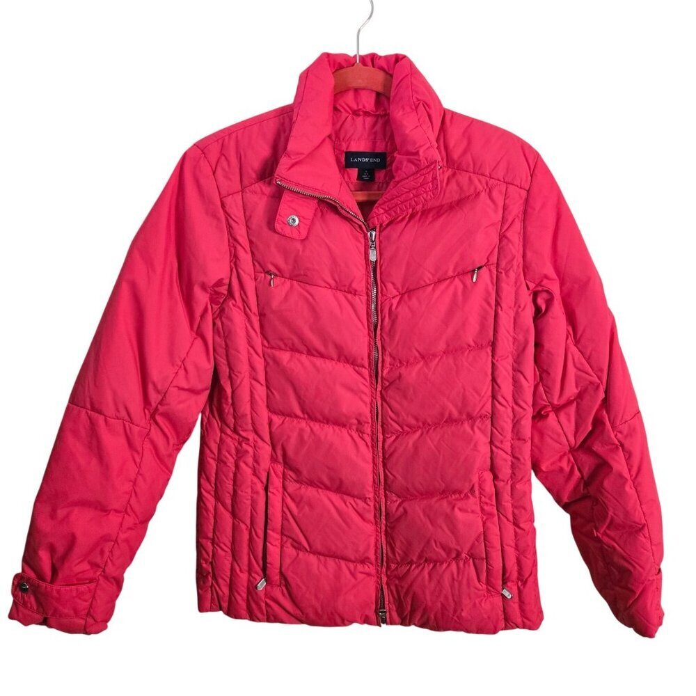 Lands' End Red Down Puffer Jacket Mock Neck Double Zip Ski Snowboard Size S - Picture 2 of 12